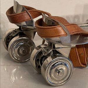Like New Vintage Silver Roller Skates with Brown Leather Straps